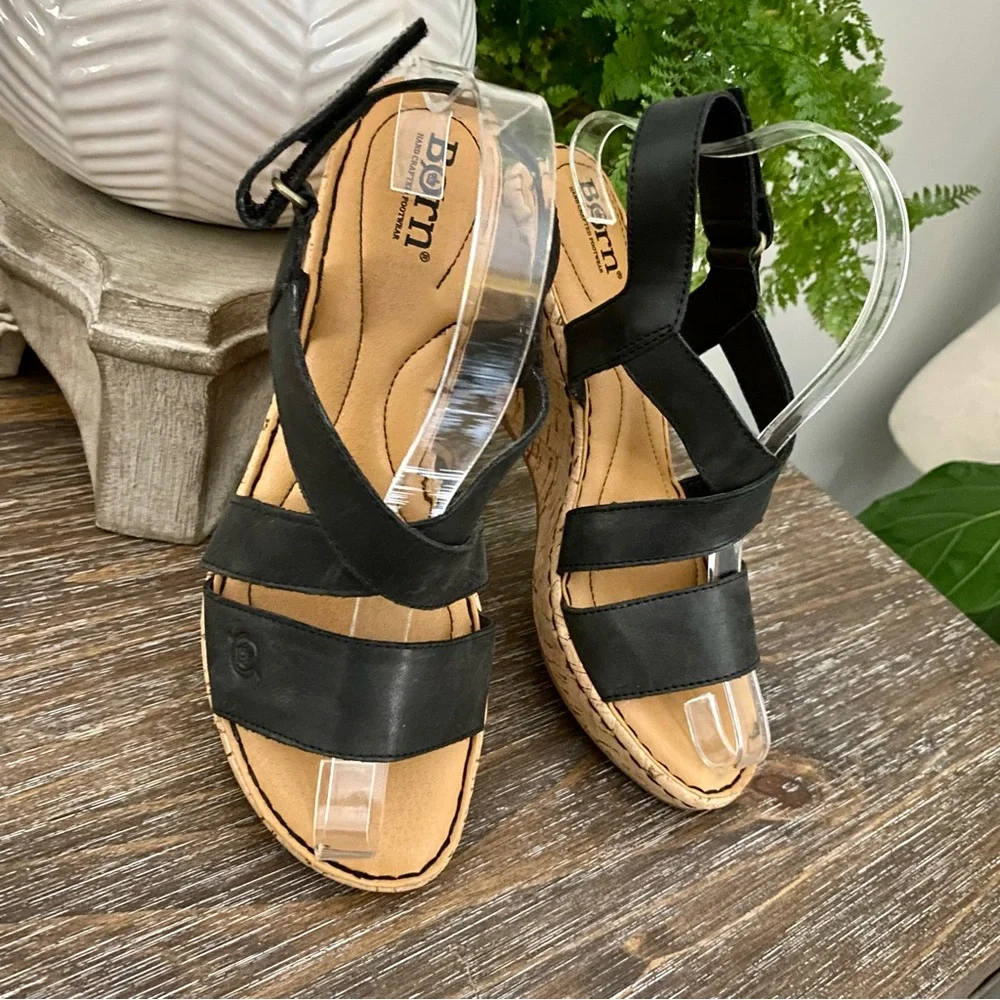 Born Black Leather Slingback Cork Wedge Sandals